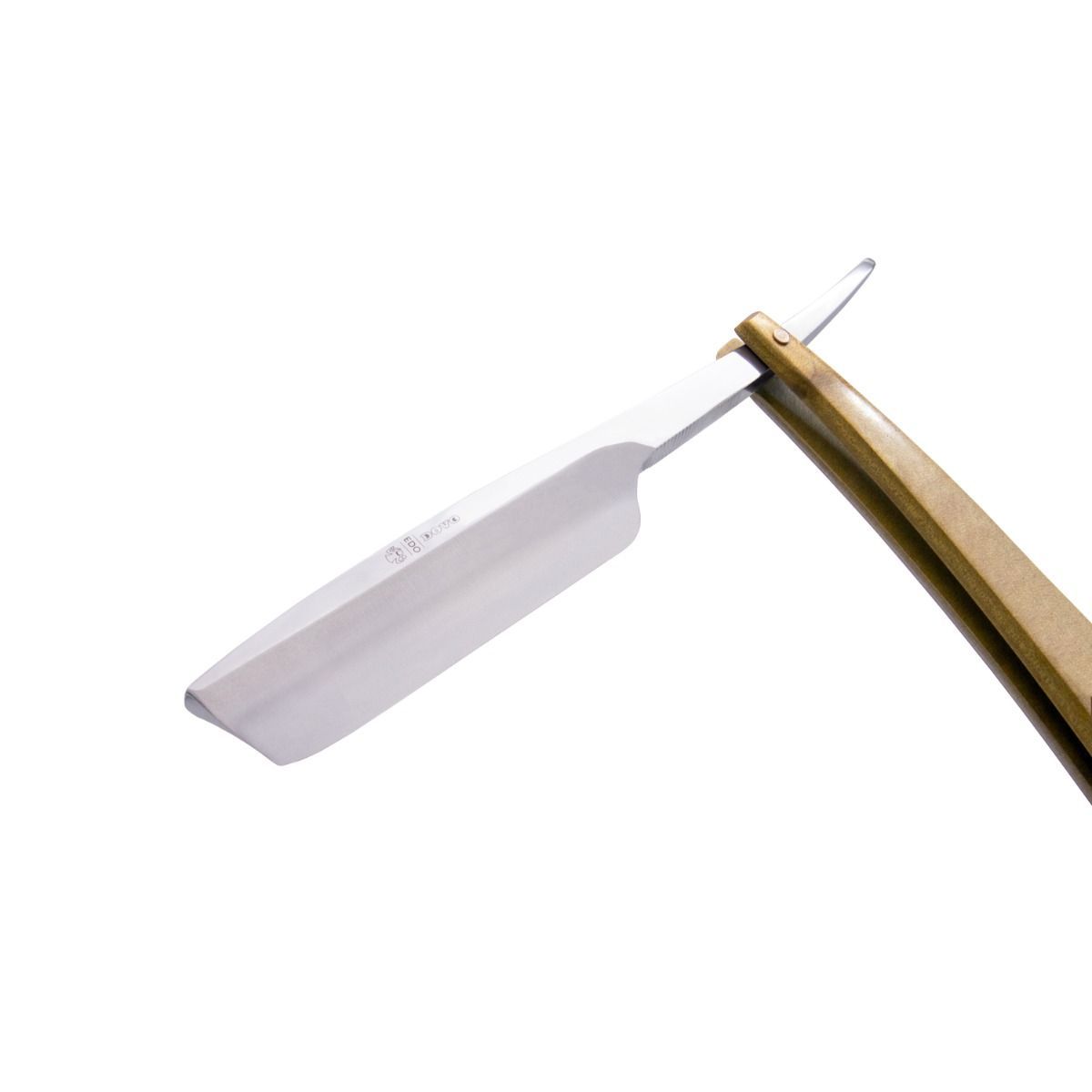 Open scheermes met metalen lemmet en handvat. DOVO Solingen. Detailopname van lemmet en handvat.