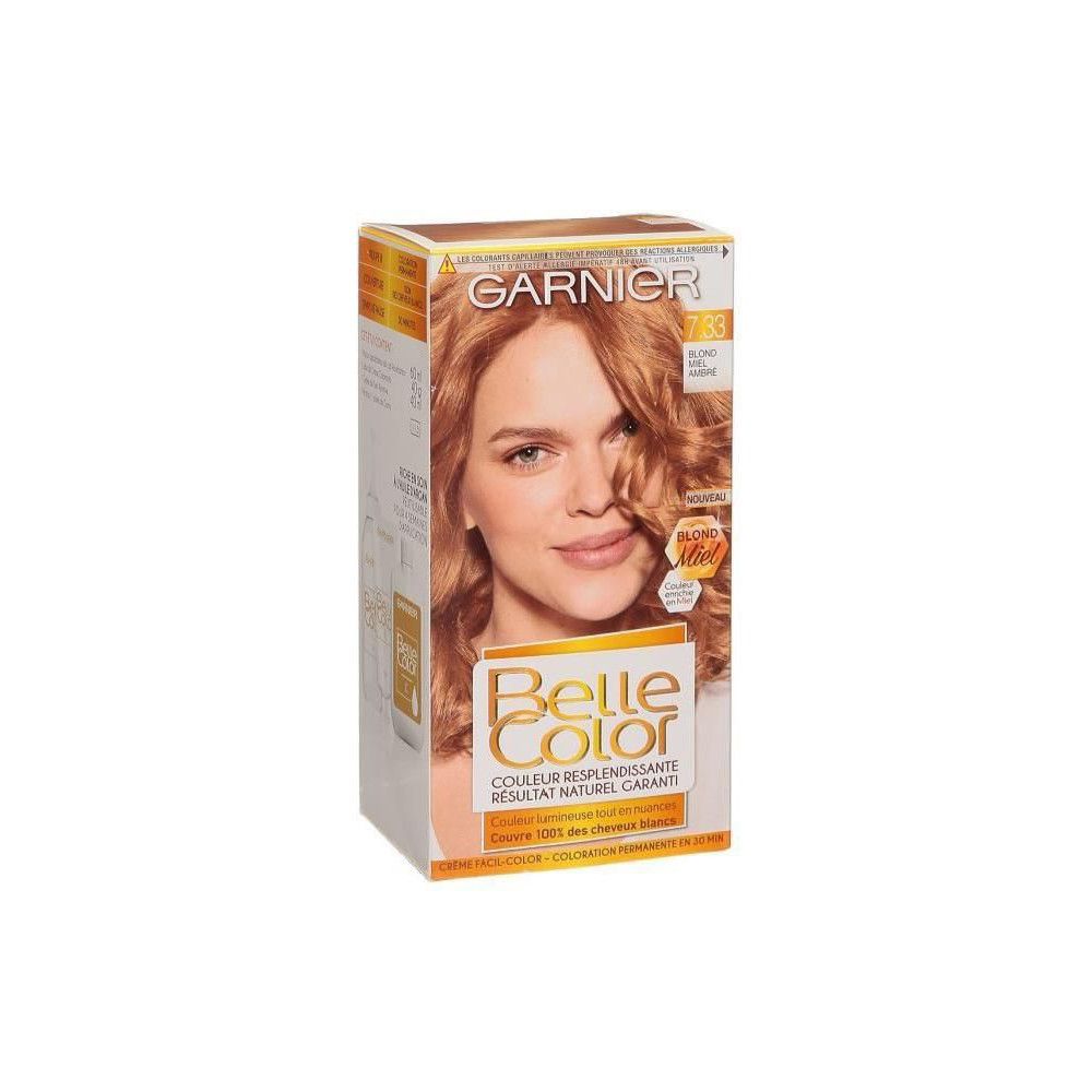 Garnier Belle Color haarkleur. Verpakking met vrouw. Tekst: 7.33 Blond Miel Ambré. Kleur voor natuurlijk resultaat.