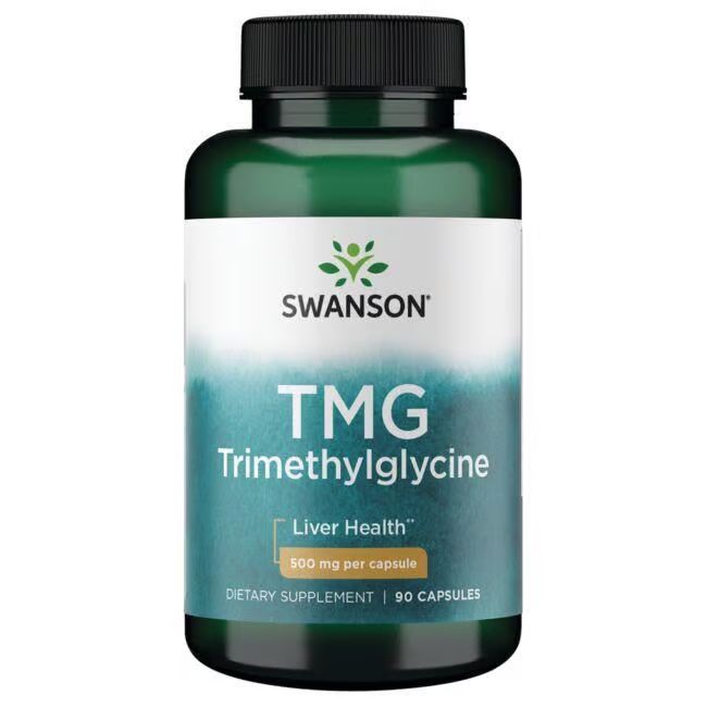 Groene fles met wit etiket. Opschrift: SWANSON, TMG Trimethylglycine, 500 mg per capsule. 90 capsules.