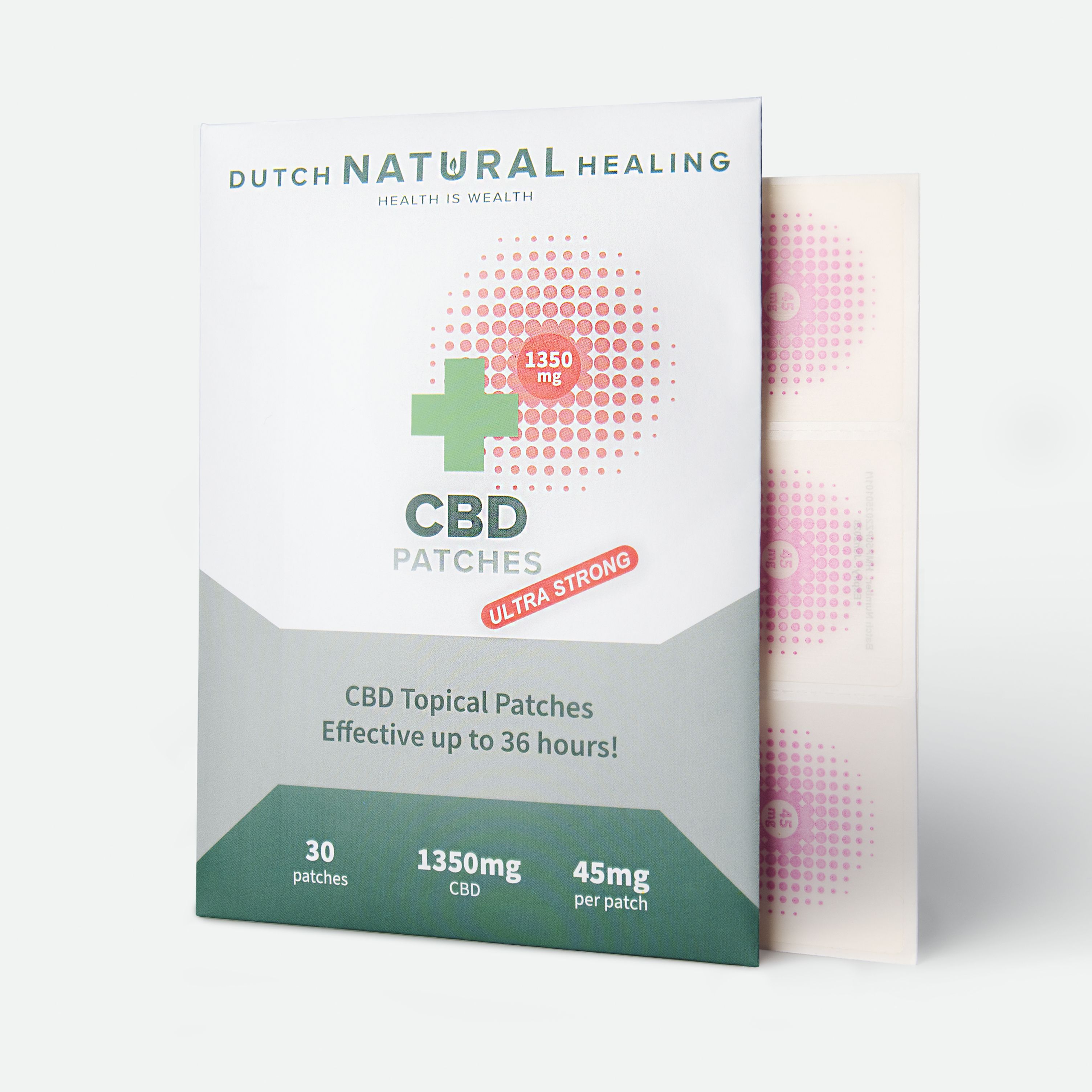 Emballage de patchs CBD. 'Dutch Natural Healing' est visible. Contient 30 patchs, 1350mg CBD.
