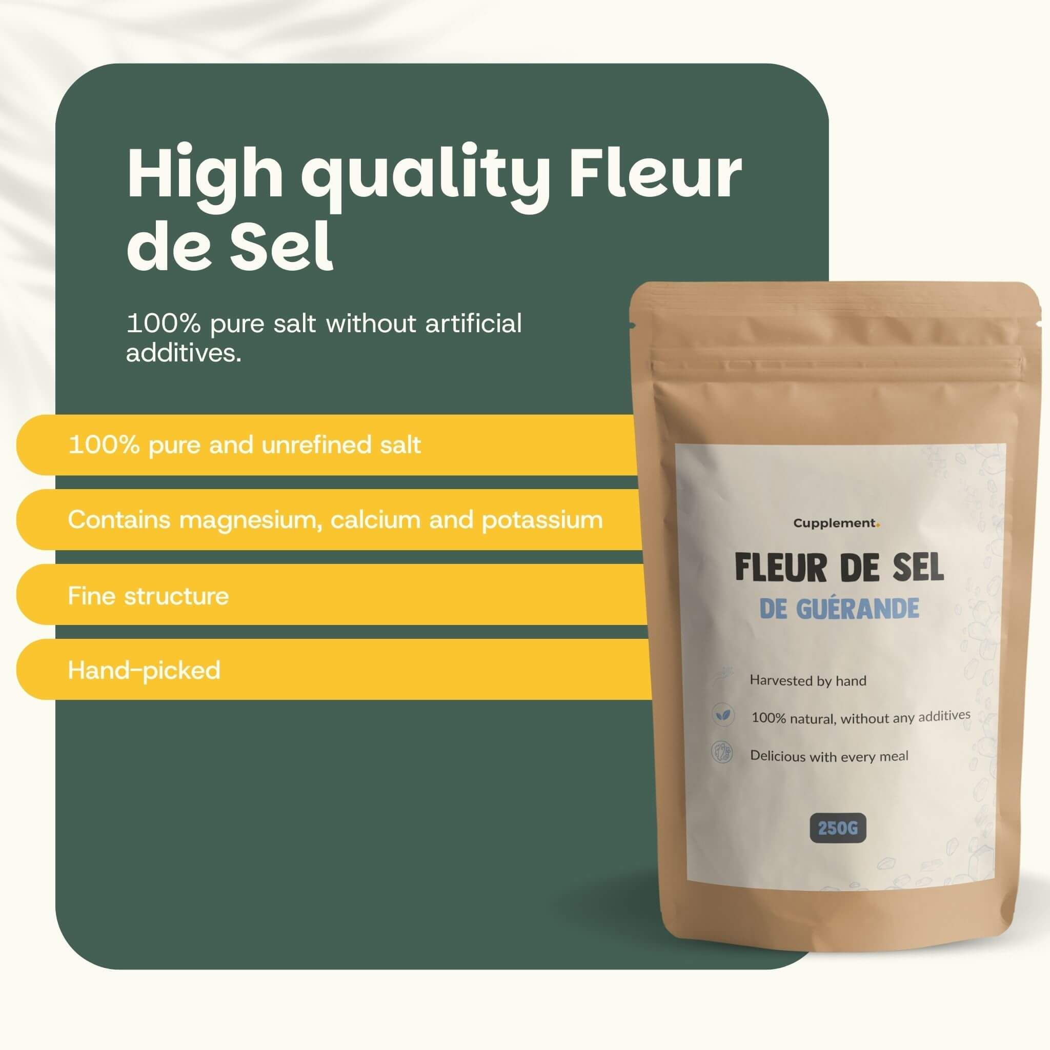Fleur de sel de haute qualité. Texte : 100% sel pur sans additifs artificiels. Sachet.