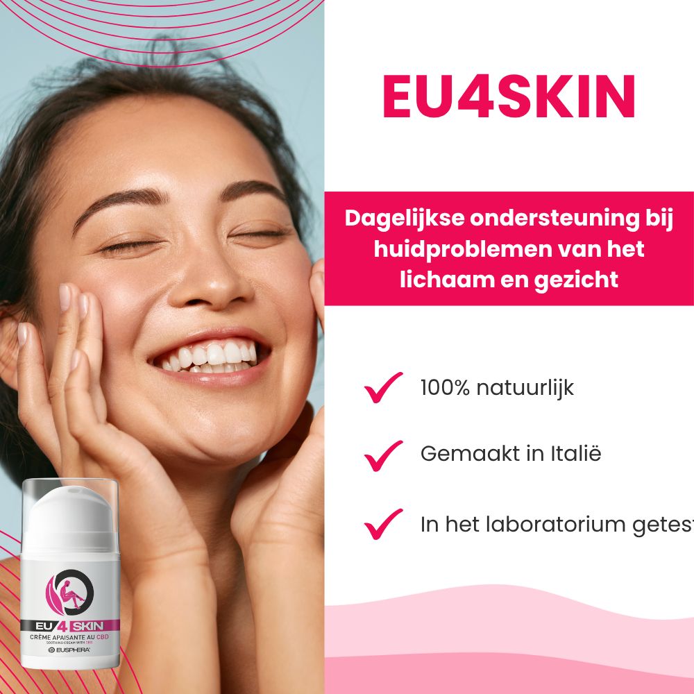 Lachende vrouw. EU4SKIN crème. Tekst: Dagelijkse ondersteuning voor huidproblemen. 100% natuurlijk, gemaakt in Italië, getest in het lab.
