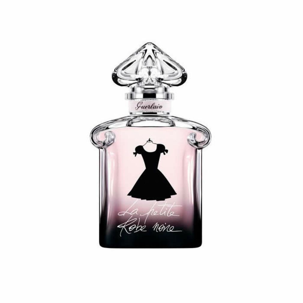 Flacon de parfum avec motif robe noire. Dégradé rose-noir. Bouchon transparent. Logo Guerlain.