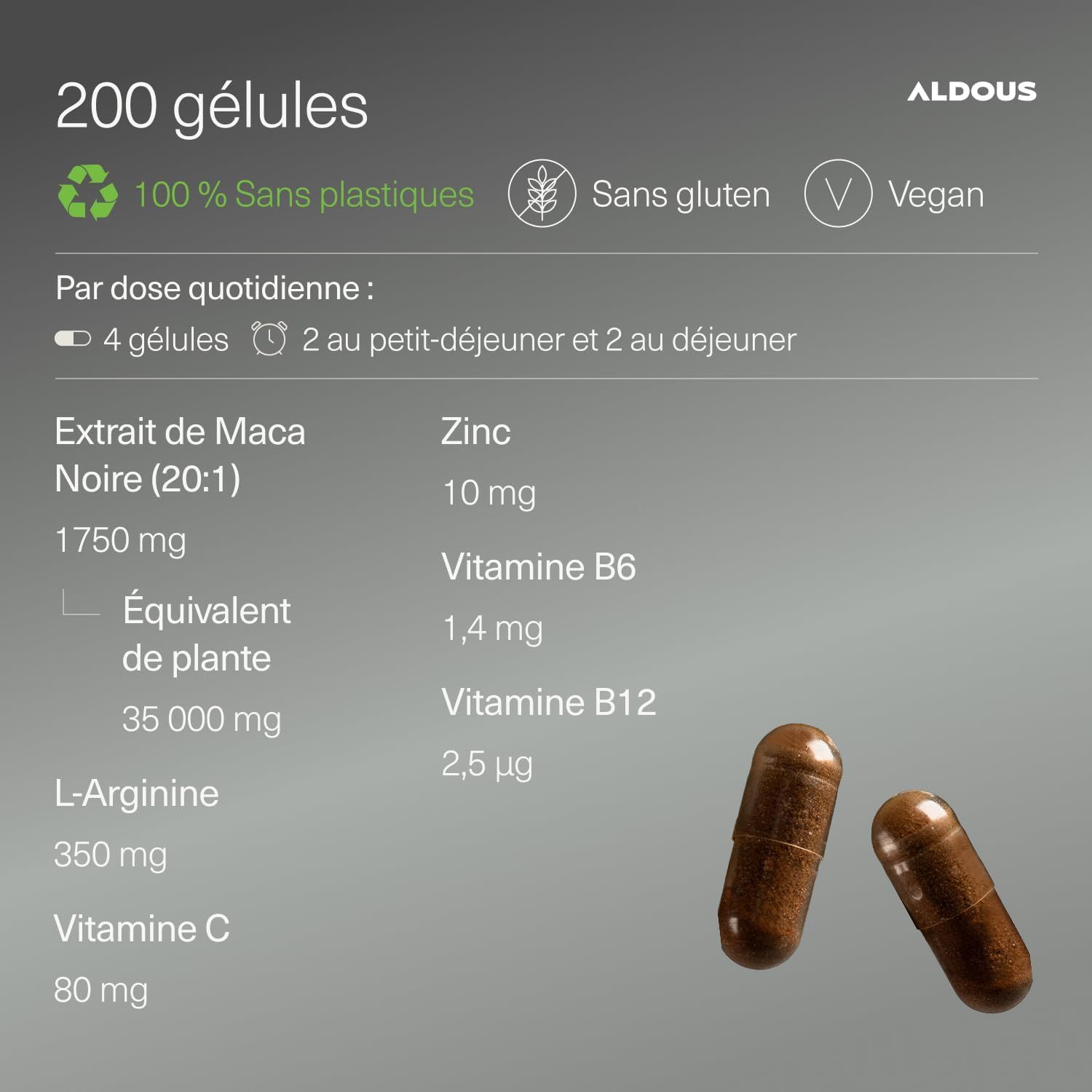 Deux gélules brunes, dont une légèrement superposée. Informations sur les ingrédients et la posologie.