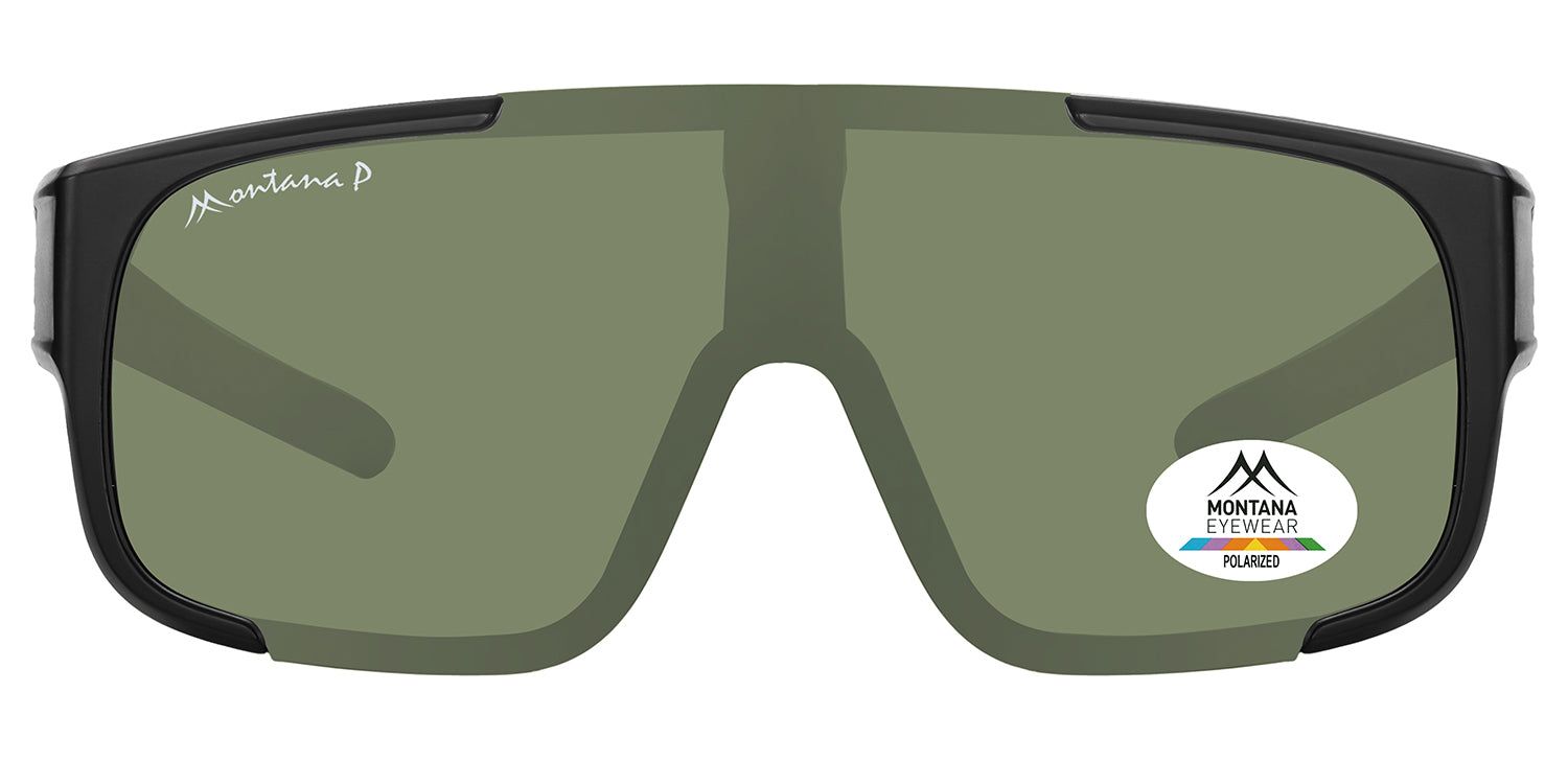 Surlunettes noires avec verres verts. Logo Montana Eyewear et autocollant Polarized. Vue de face.