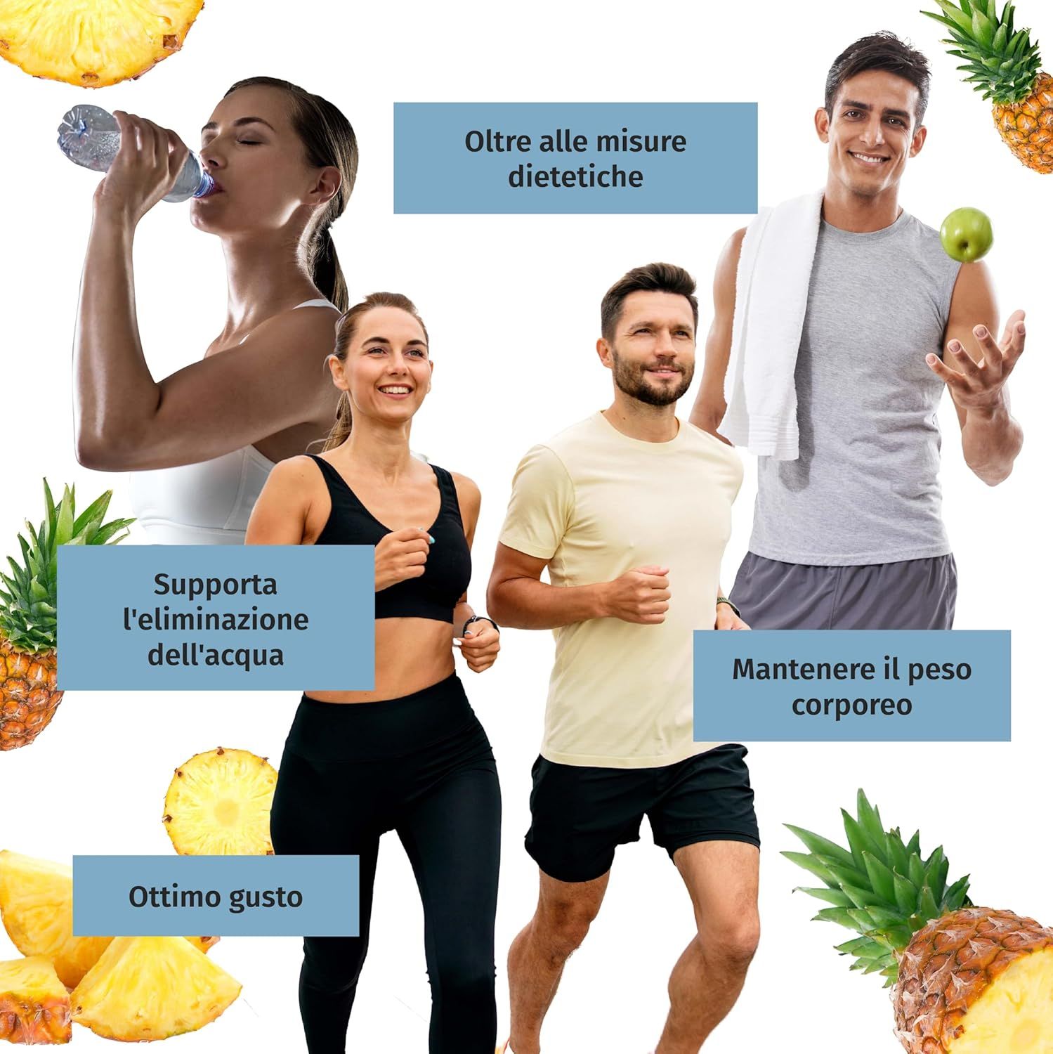Personnes faisant du sport. Morceaux d'ananas. Zones de texte avec informations. Boîte OK!WaterOut.