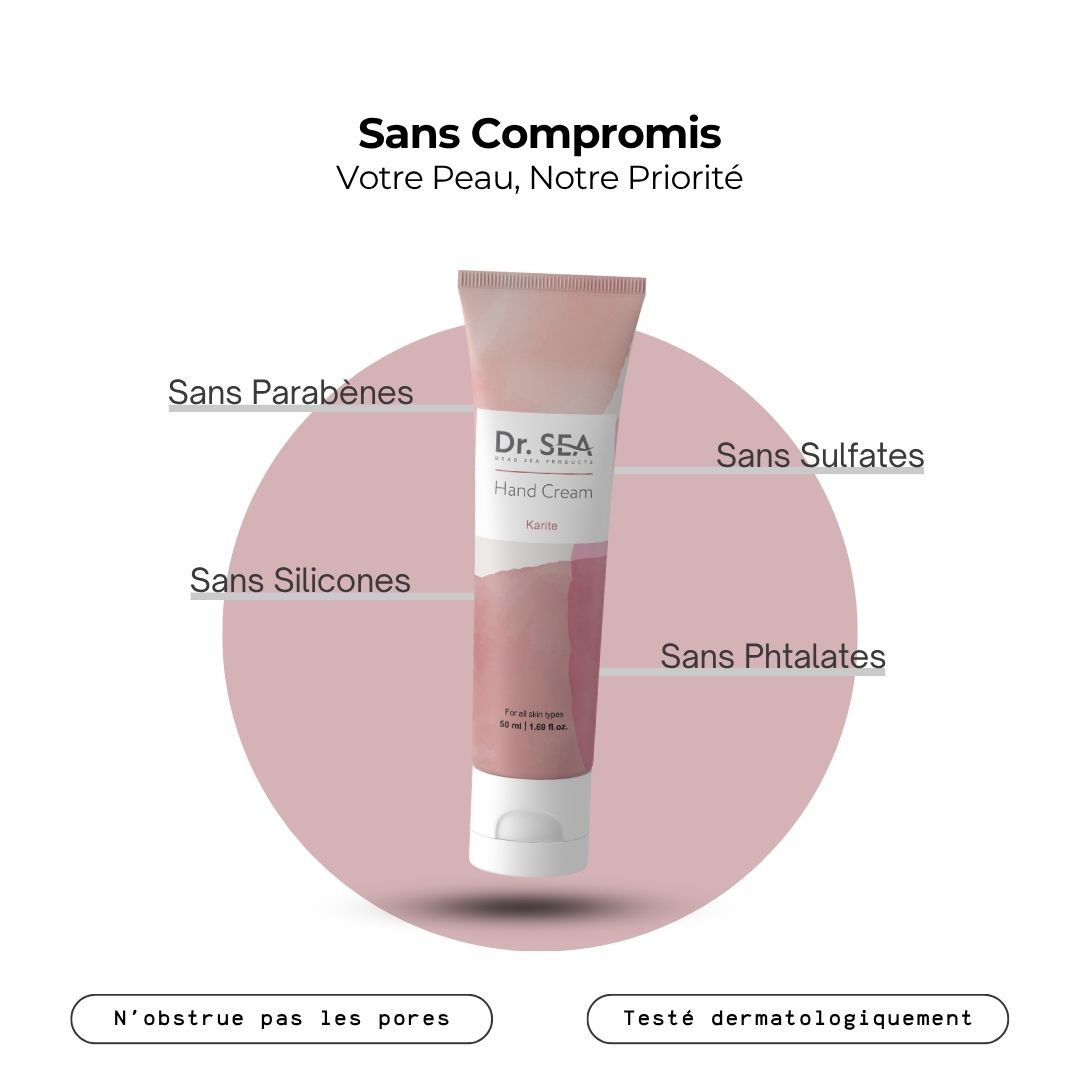 Tube de crème pour les mains, rose et blanc. Texte et illustrations. Sans parabènes, sulfates, silicones, phtalates.