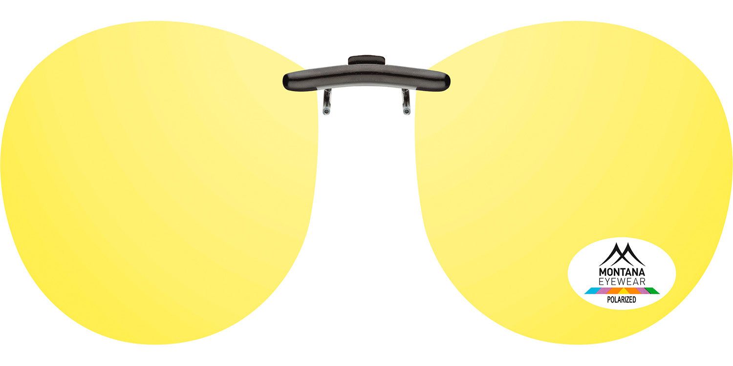 Lunettes de soleil clip-on jaunes. Verres ronds avec logo Montana Eyewear et autocollant Polarized. Mécanisme clip-on noir.