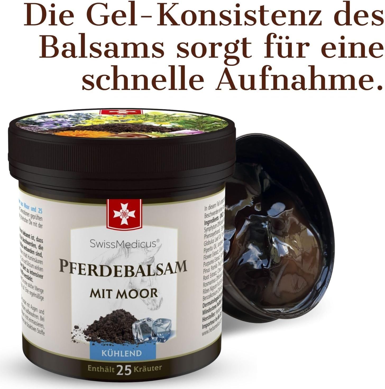 Een pot "Pferdebalsam mit Moor" van SwissMedicus, Verkoelend, Bevat 25 kruiden.