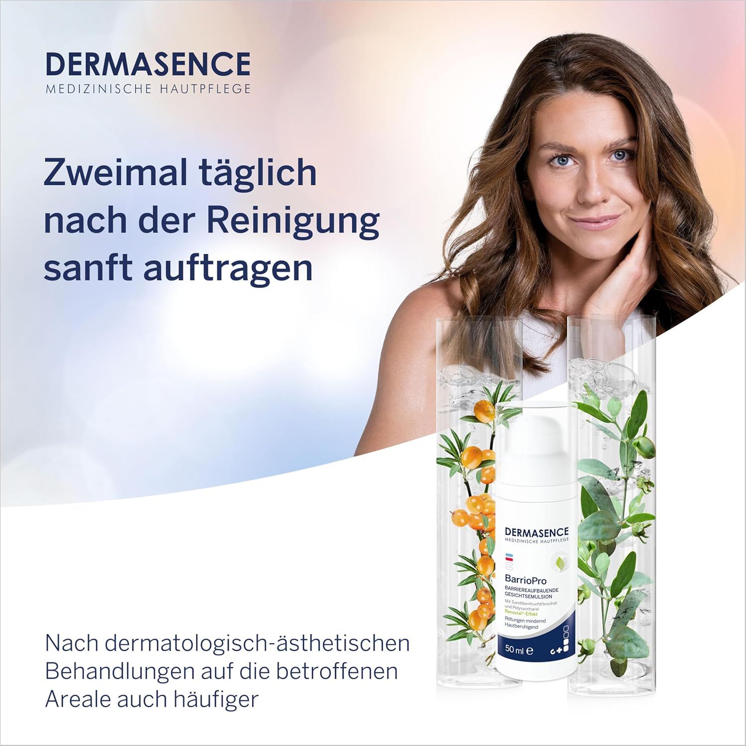 Femme avec flacon de produit et contenant transparent. Logo et texte. Nom du produit BarrioPro. 50 ml.