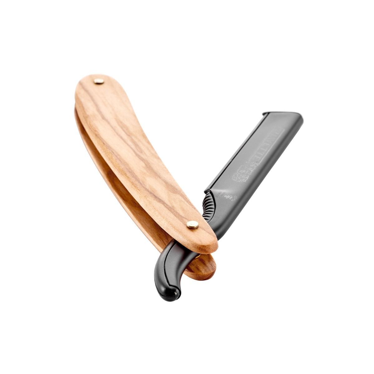 Scheermes met houten handvat. Zwart lemmet, houten handvat met twee klinknagels. Open, diagonale weergave.