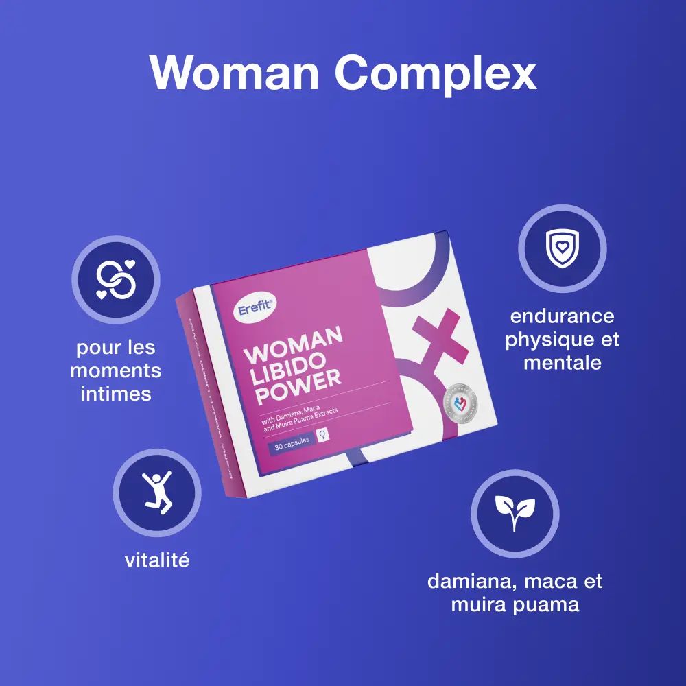 Produit Woman Complex avec icônes. Boîte de gélules. Icônes pour moments intimes, vitalité, endurance, damiana.