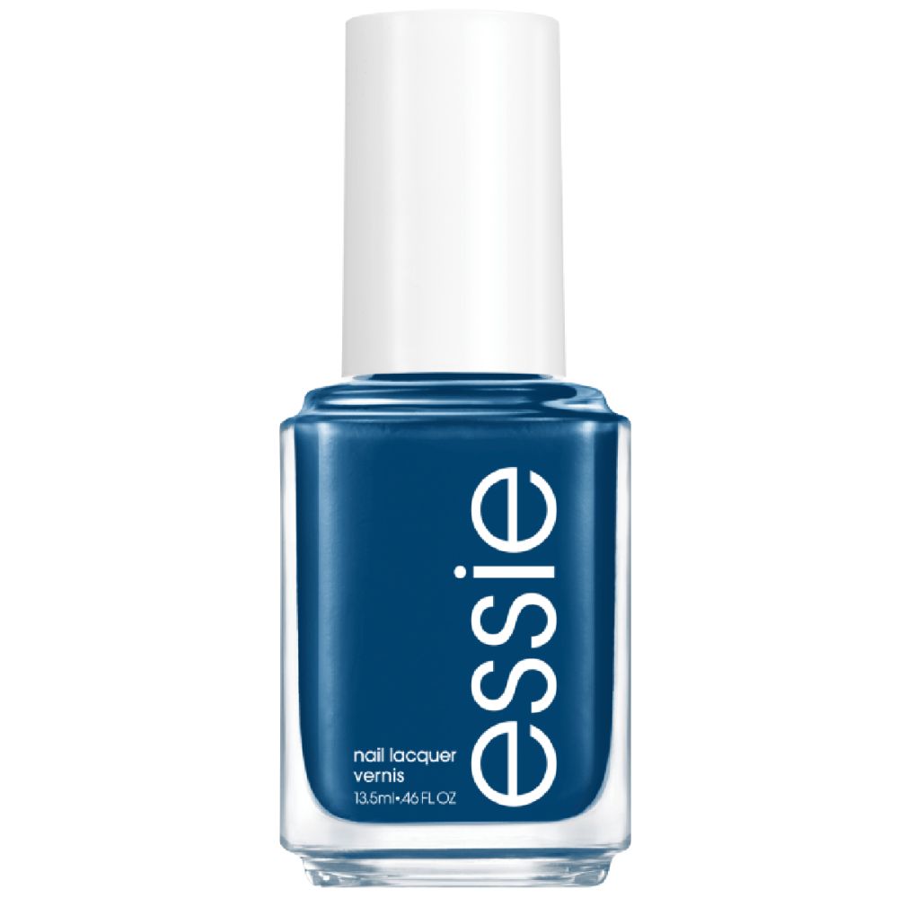 Essie nagellakfles, donkerblauw. Witte dop, vierkante vorm. Opschrift: nail lacquer vernis, 13.5ml - .46 FL OZ.