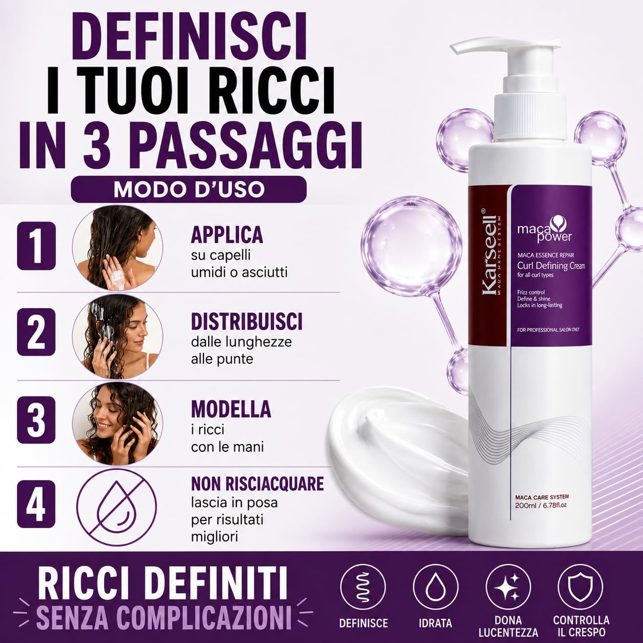 Bouteille avec pompe pour produit coiffant bouclant Karseell Maca Power, 200ml.