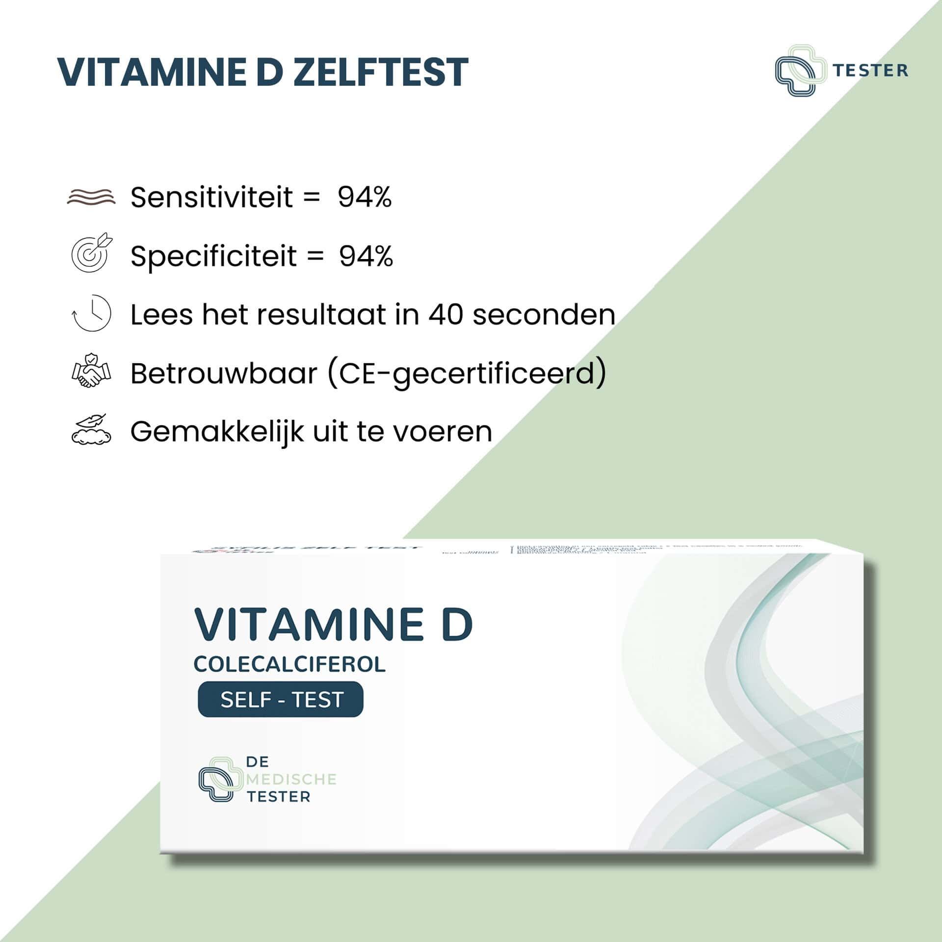 Verpakking van een vitamine D zelftest. Gevoeligheid 94%, specificiteit 94%. Resultaat in 40 sec. CE-gecertificeerd.