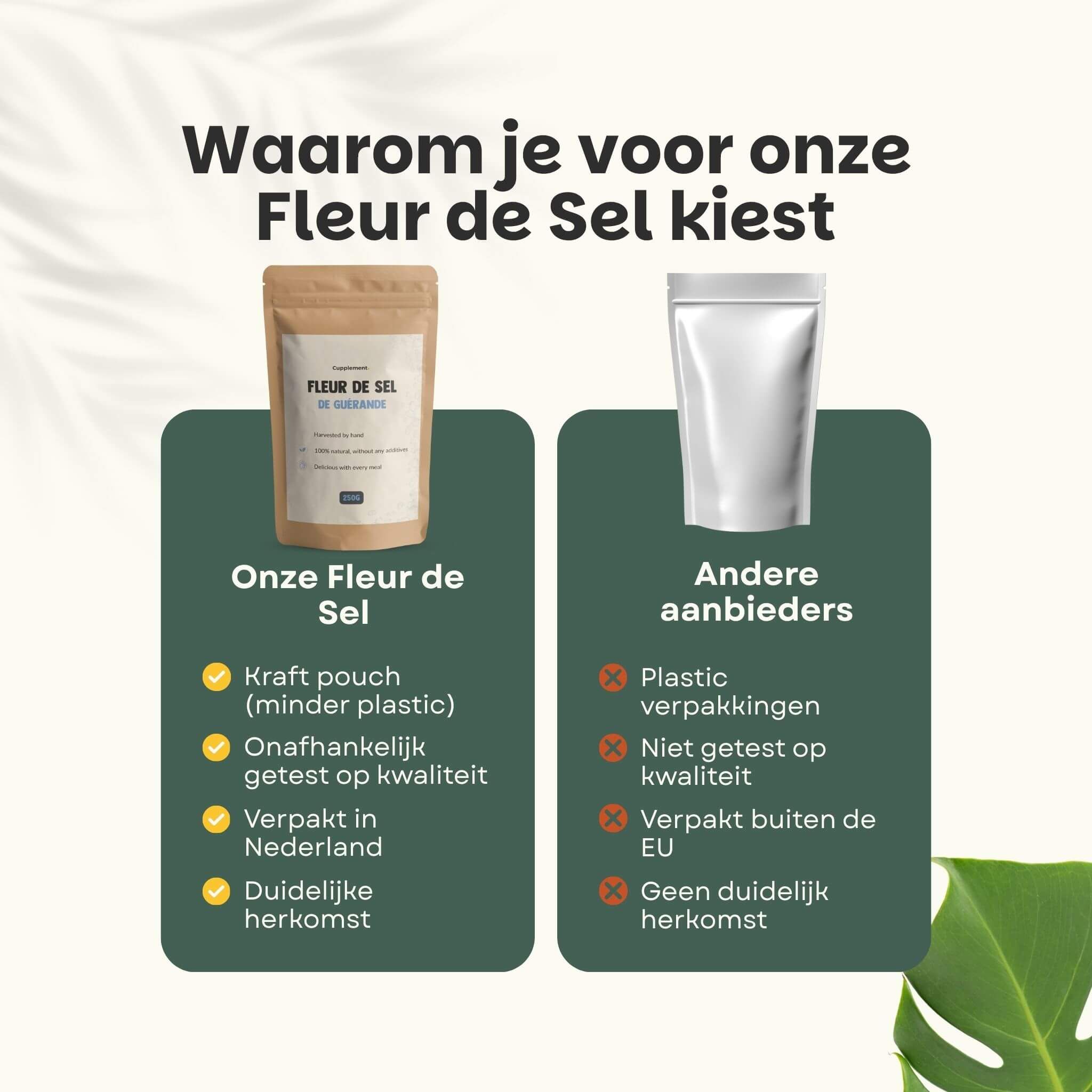 Vergelijking: Fleur de Sel zakje vs. andere aanbieders. Tekst en groene vinkjes, rode kruizen.