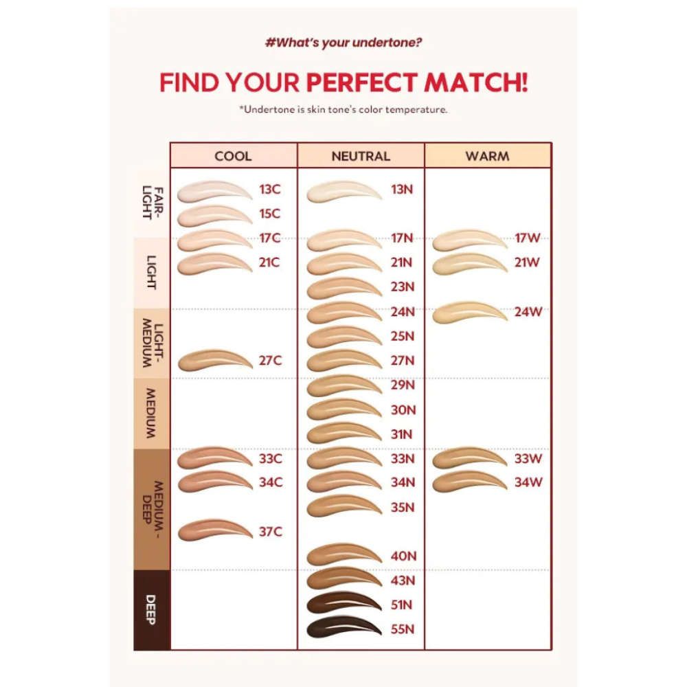 Kleurentabel met huidtinten. Tekst: "Find Your Perfect Match!" en "#What's your undertone?"
