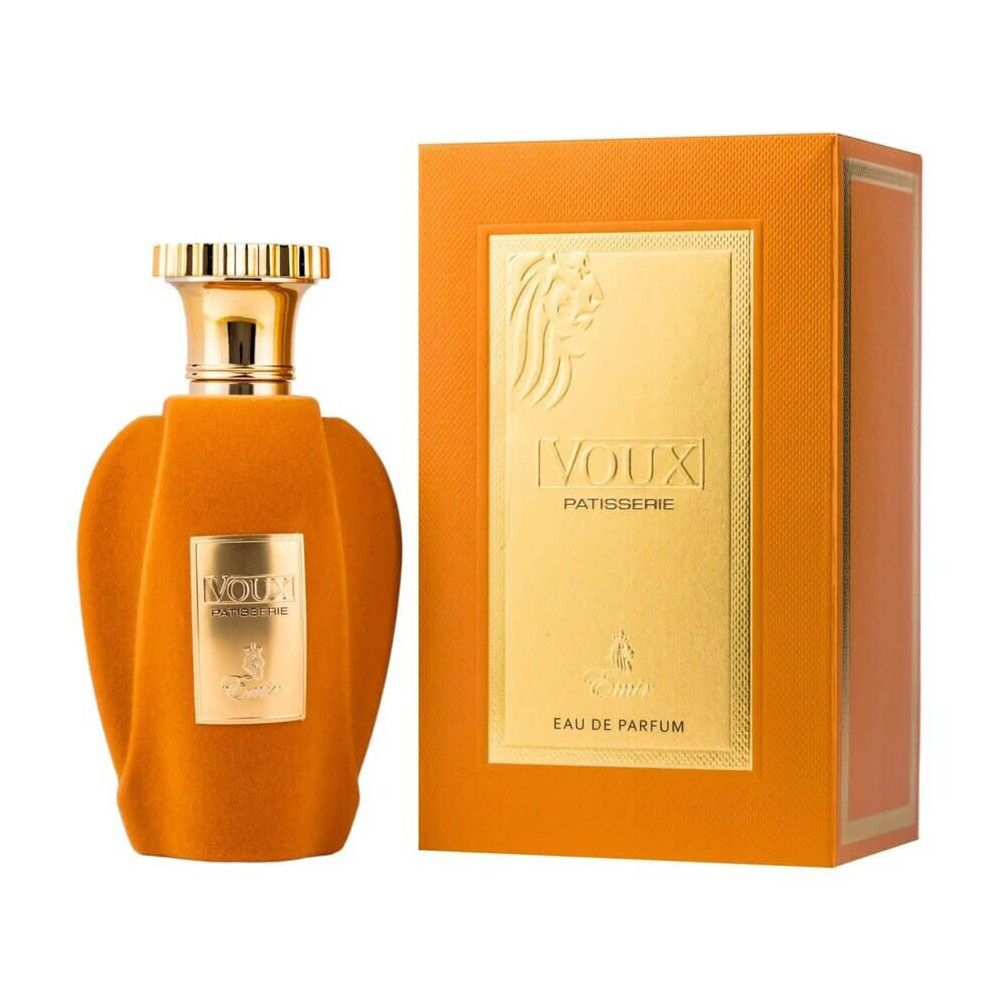 Flacon et boîte orange. Inscriptions dorées: Voux Patisserie, Eau de Parfum. Boîte rectangulaire.