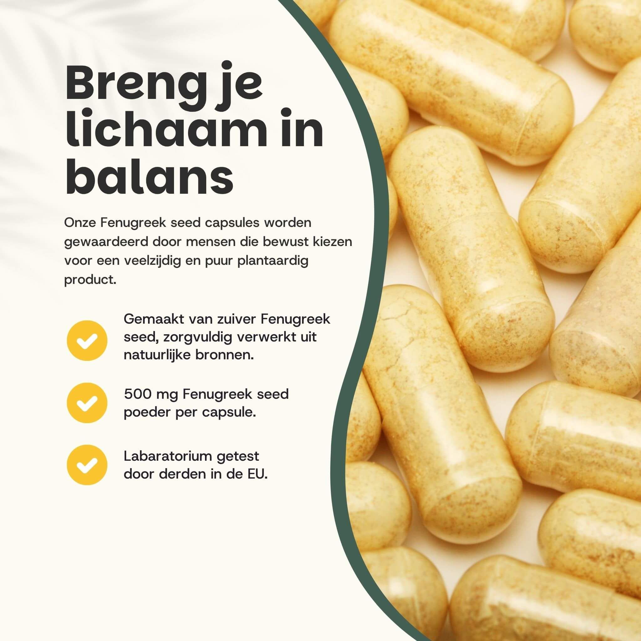 Capsules. Tekst: Breng je lichaam in balans. 500 mg fenegriekzaad per capsule.