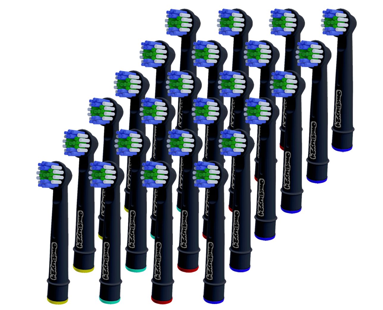 Plusieurs têtes de brosse à dents noires. Soies bleues, vertes et blanches. Manche noir. Inscription OneBuy24.