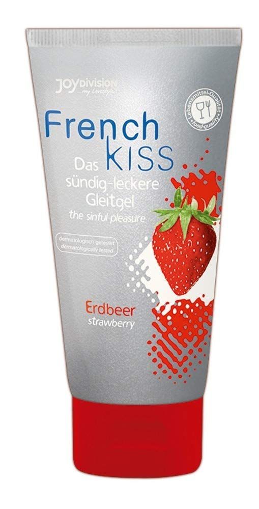 Tube de gel lubrifiant JOYDIVISION French KISS Fraise avec motif fraise et texte.