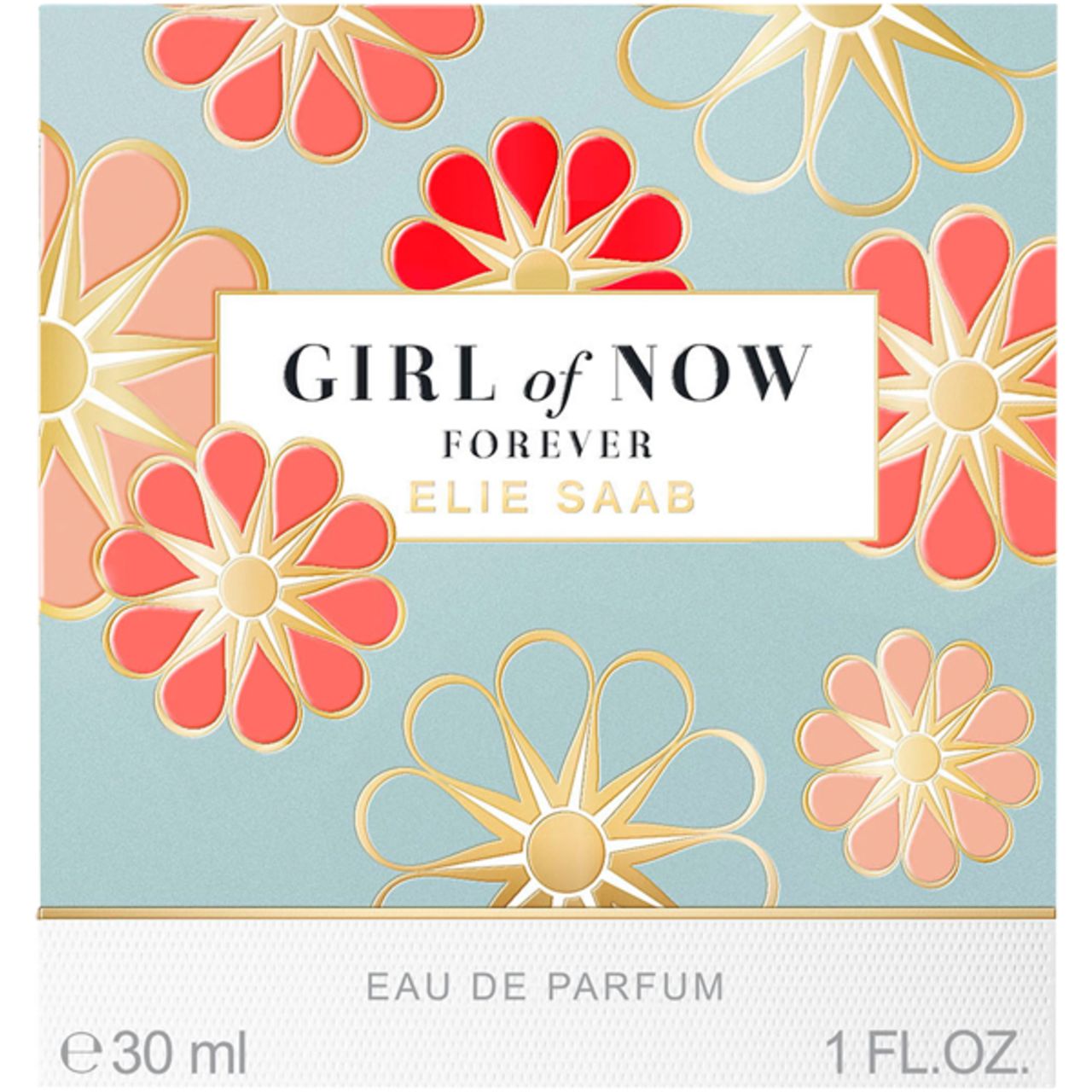 Emballage avec motif floral et texte GIRL of NOW FOREVER ELIE SAAB. E 30 ml, 1 FL.OZ.U.S.
