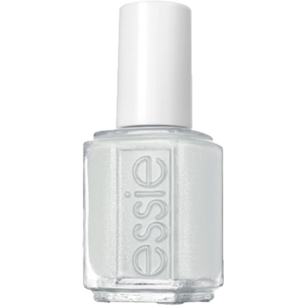 Essie nagellakfles, wit. Witte dop, transparante fles met witte lak. Opschrift 'essie'.