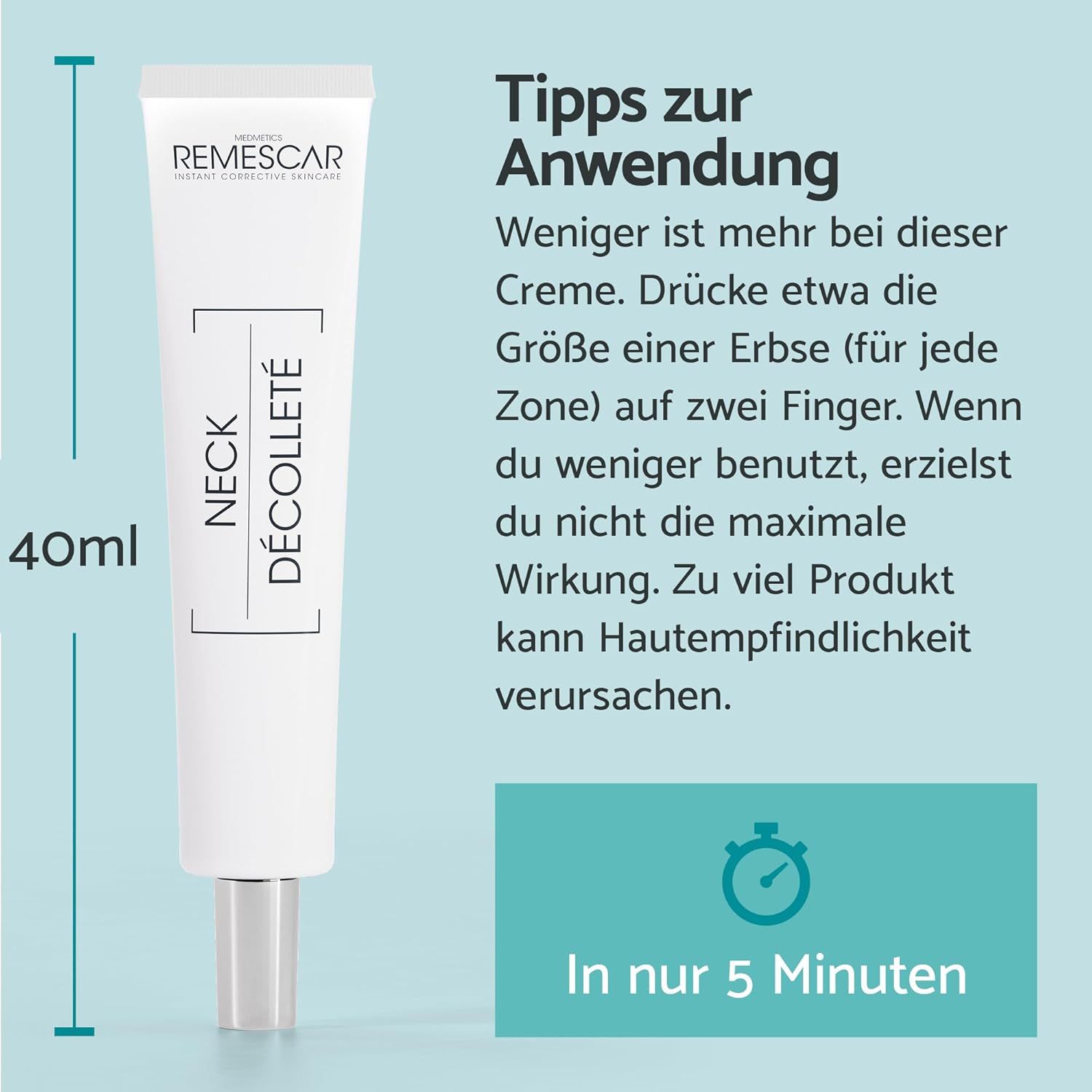 Tube de crème avec informations produit. Texte: Conseils d'utilisation. 40ml. En seulement 5 minutes.