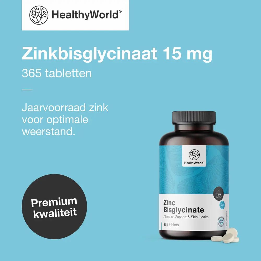Fles zinkbisglycinaat. Opschrift: HealthyWorld, 15 mg, 365 tabletten. Tekst: Jaarvoorraad zink voor optimale weerstand.