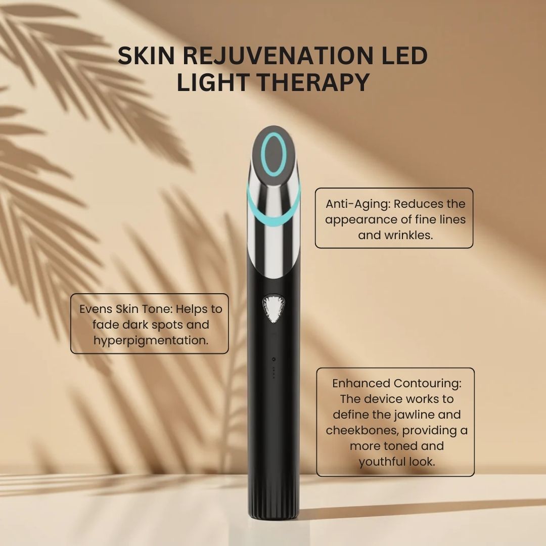 Zwart huidverzorgingsapparaat met zilveren en blauwe accenten, ter promotie van LED-lichttherapie voor huidverjonging.