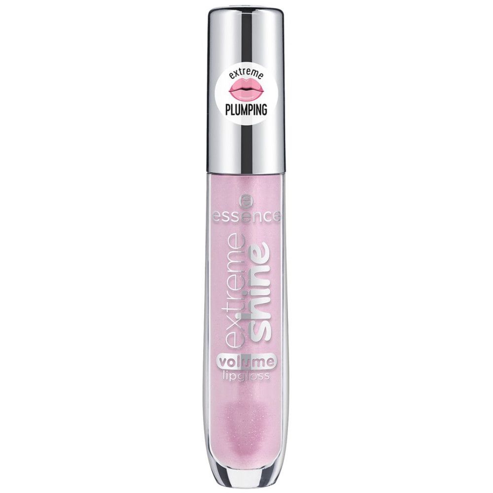 Lipgloss tube met zilveren dop. Roze inhoud zichtbaar. Tekst: Extreme Shine, Volume Lipgloss, Plumping.