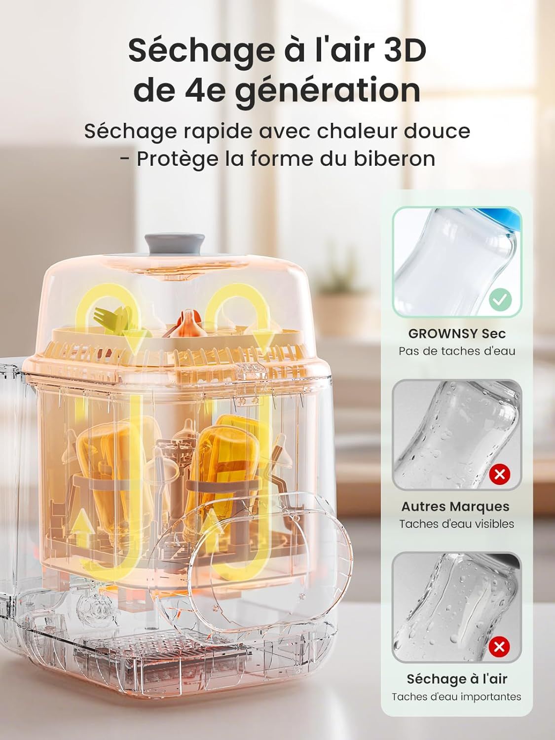 Stérilisateur et séchoir pour biberons avec séchage à l'air 3D de 4e génération. Montre un séchage rapide à chaleur douce.