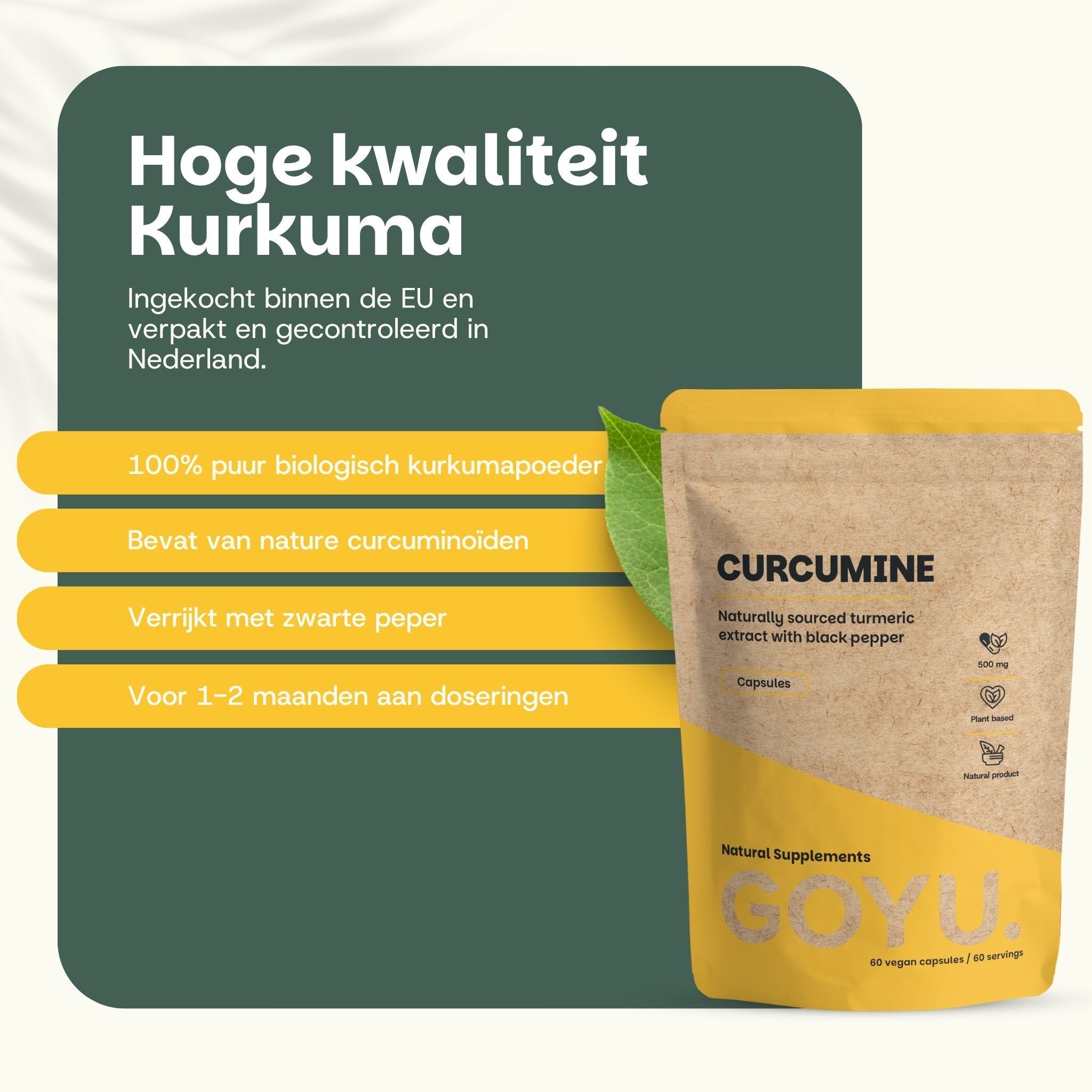 Bruine zak met kurkuma-extractcapsules. 95% curcumine. 60 capsules.
