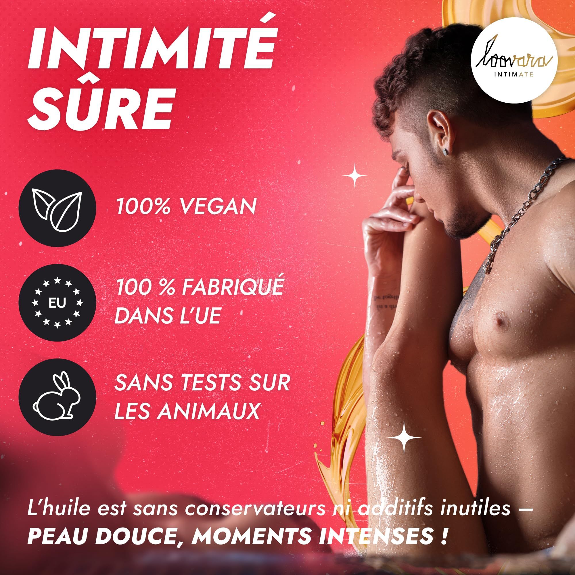 Bouteille d'huile de massage Loovara Happy Hand avec étiquette rouge et écriture blanche, entourée d'éclaboussures.