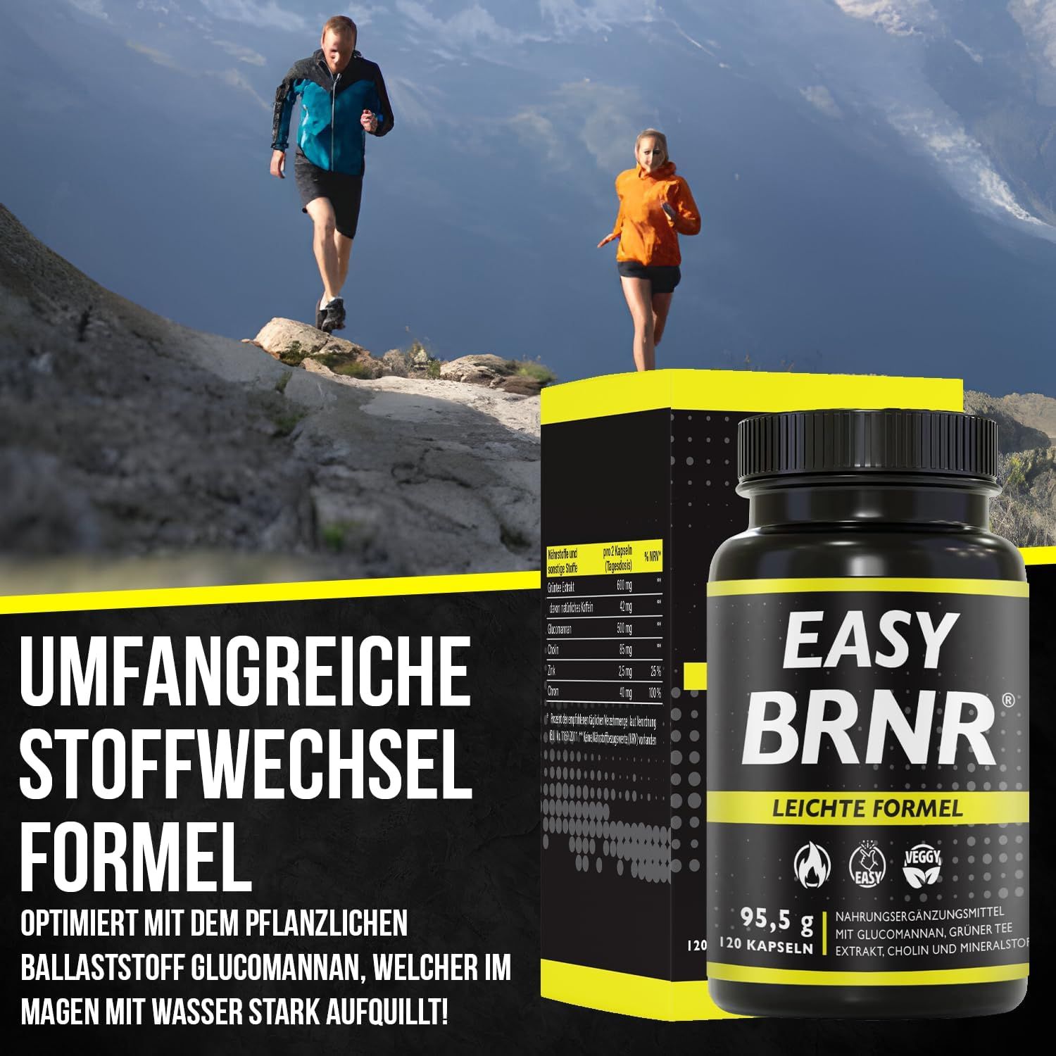 Productfles met geel etiket. Opschrift: EASY BRNR, Lichte Formule. Twee personen joggen op een berg. Tekst: Stofwisselingsformule.
