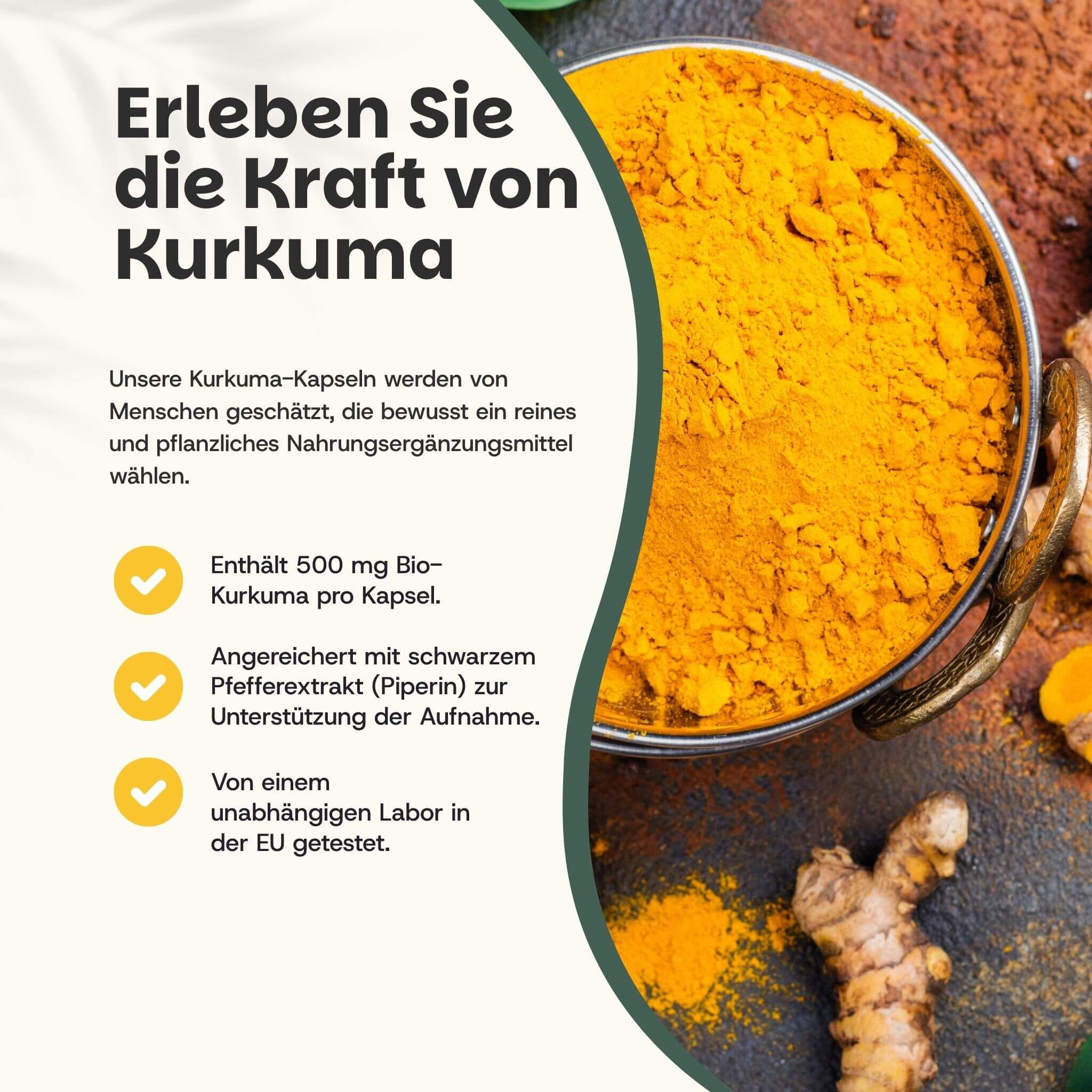 Kom met kurkumapoeder, ernaast kurkumawortels en tekst over kurkumacapsules.