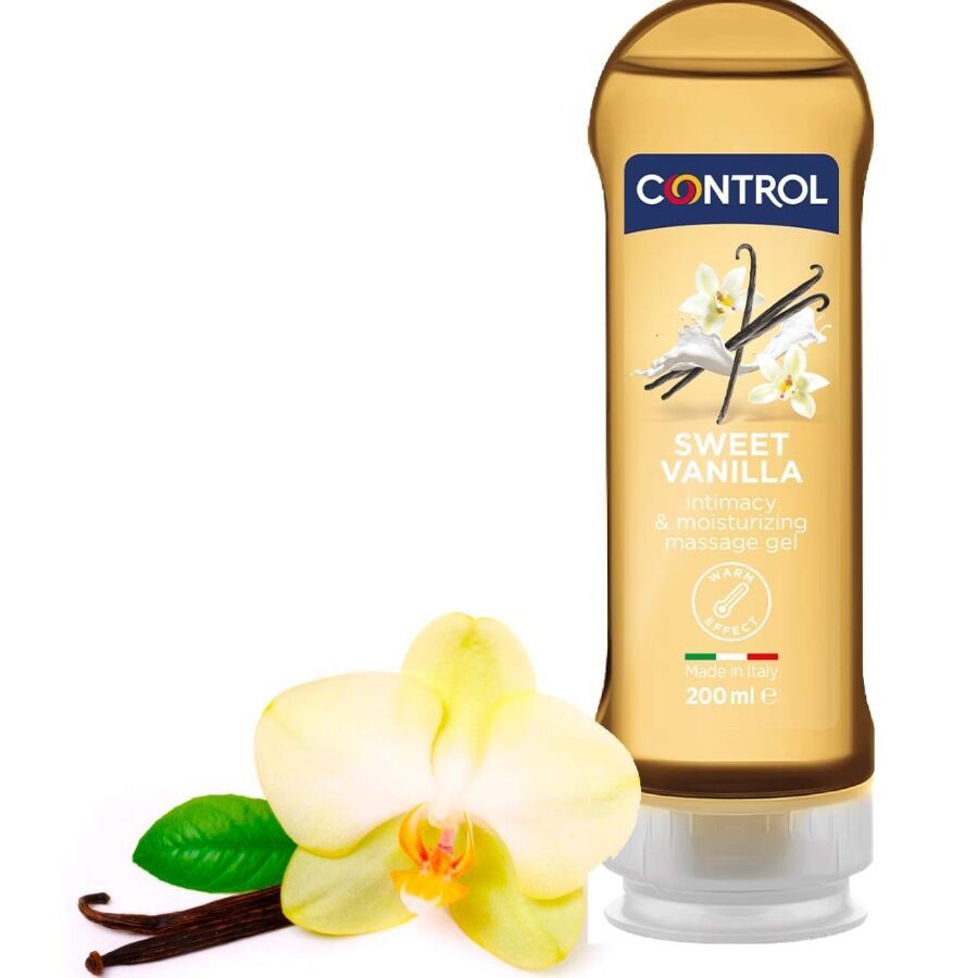 Transparante fles met gele inhoud. Opschrift CONTROL, Sweet Vanilla. 200 ml. Met Italiaanse vlag en vanillebloem.