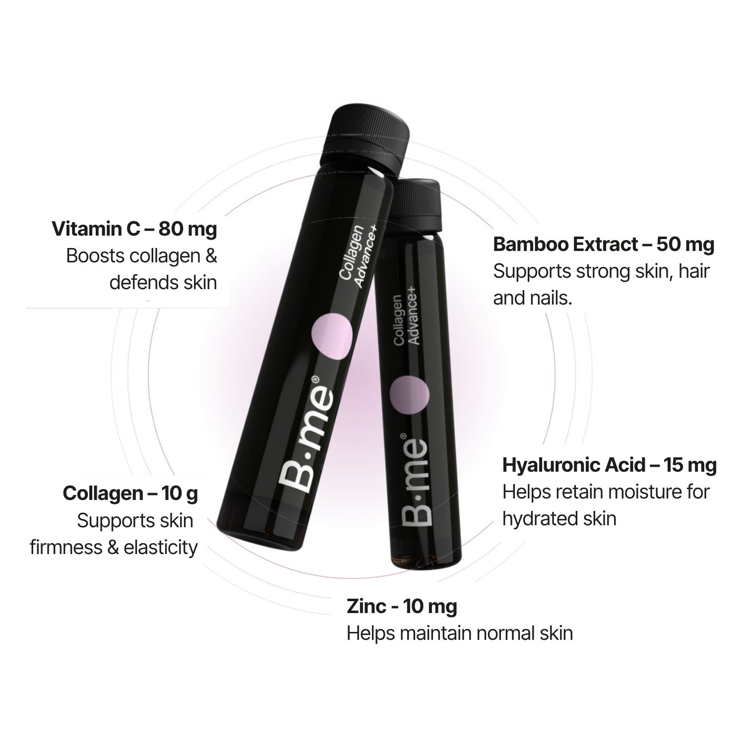 Deux ampoules noires B.me® Collagen Advance+. Contient collagène, extrait de bambou, acide hyaluronique, vitamine C et zinc. Texte sur les ampoules.