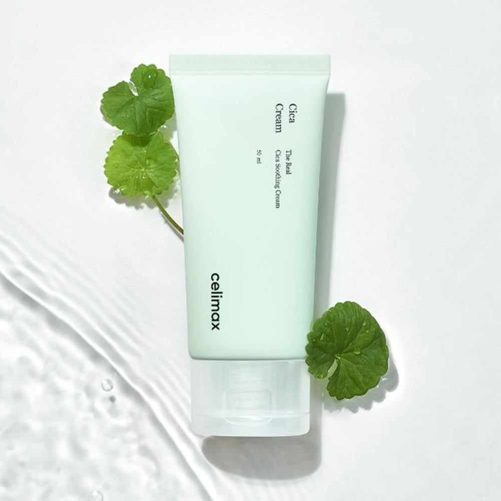 Celimax Cica Creme tube met bladeren en water.