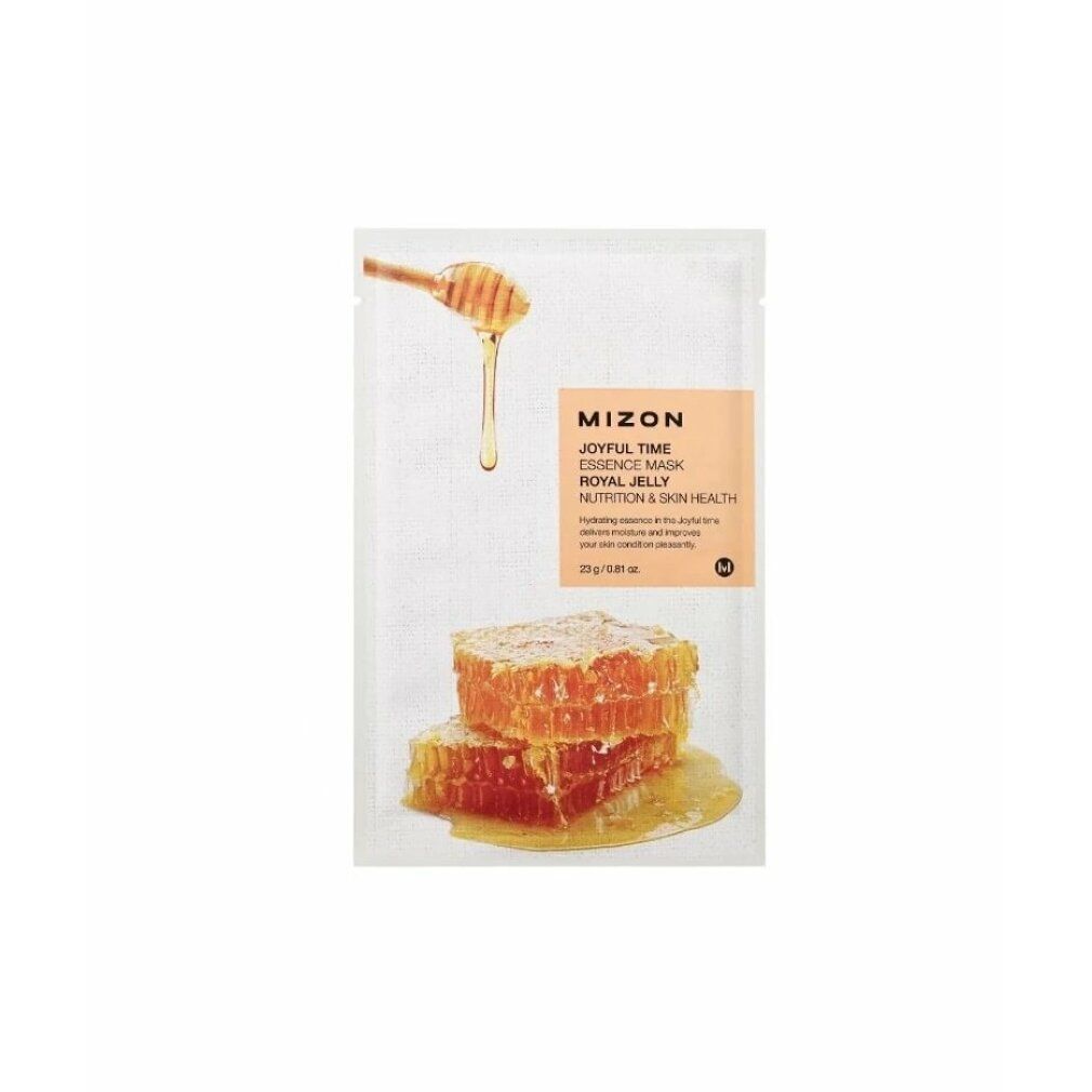 Gezichtsmasker. Opschrift: Mizon Joyful Time Essence Mask Royal Jelly. Honingraat. Honing druppelt van lepel.