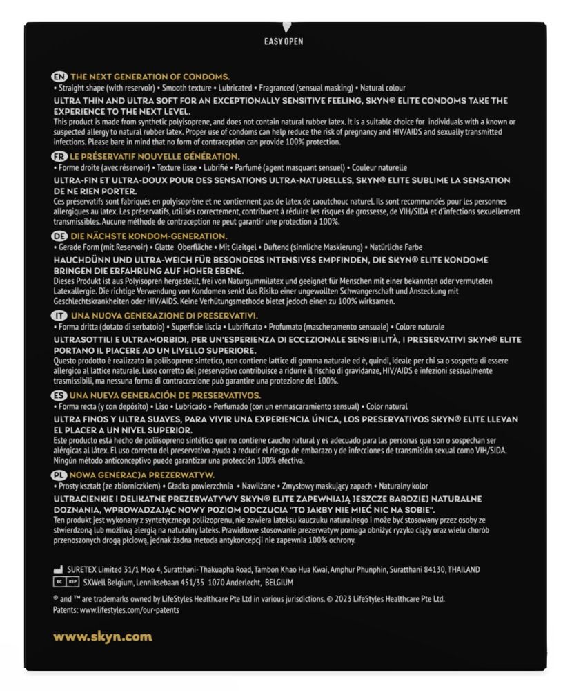 Texte sur fond noir. Décrit la nouvelle génération de préservatifs. Informations sur le matériau et les caractéristiques.