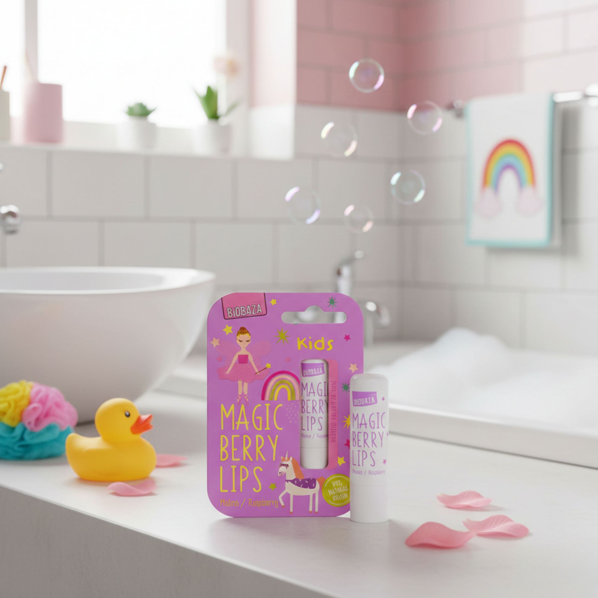 Verpakking en lippenbalsem op een oppervlak. Opschrift: Magic Berry Lips. Achtergrond: badkamer met bad, zeepbellen en badeend.