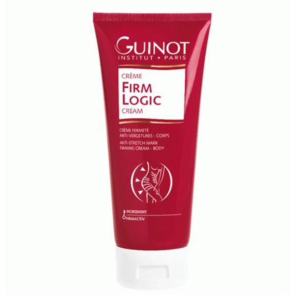 Tube rouge avec bouchon blanc. Inscription: Guinot, Firm Logic Cream. Texte: Creme Fermeté, Anti-Vergetures-Corps, Anti-Stretch Mark, Firming Cream-Body.