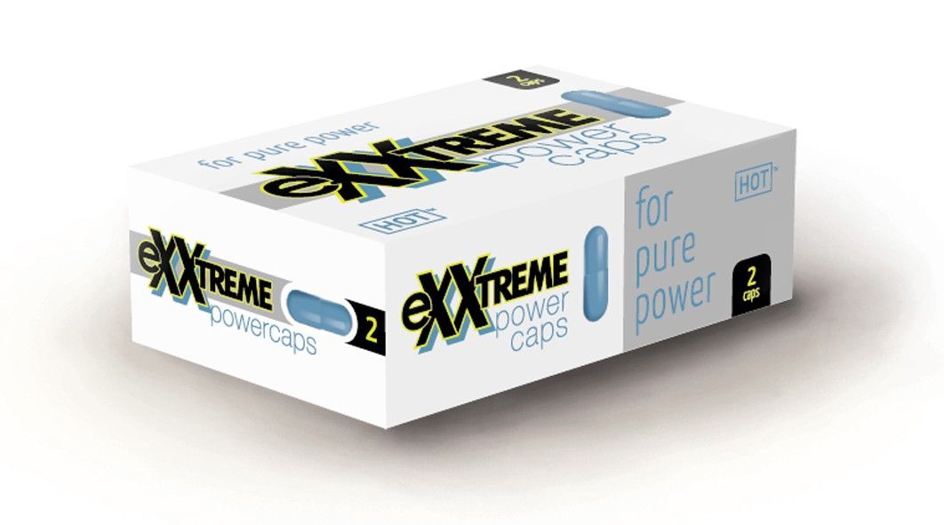Emballage avec deux gélules bleues, inscription "eXXtreme power caps".