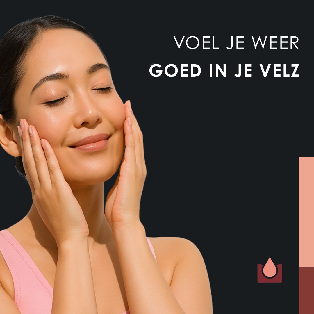 Femme touchant son visage. Texte : Sentez-vous à nouveau bien dans votre peau.