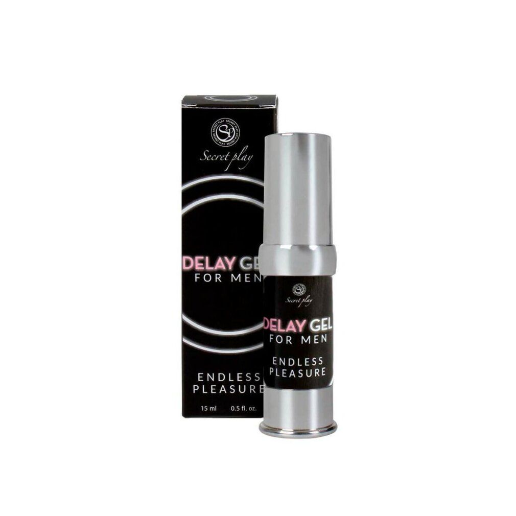 Gel retardateur pour hommes, flacon et emballage. Emballage noir avec texte blanc. Flacon avec bouchon argenté.