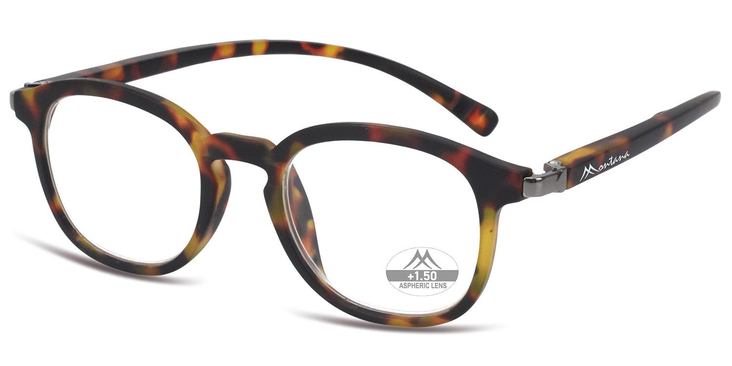 Lunettes de lecture marron avec verres ronds. Inscription "Montana" sur la branche. "+1,50 ASPHERIC LENS" sur un verre.