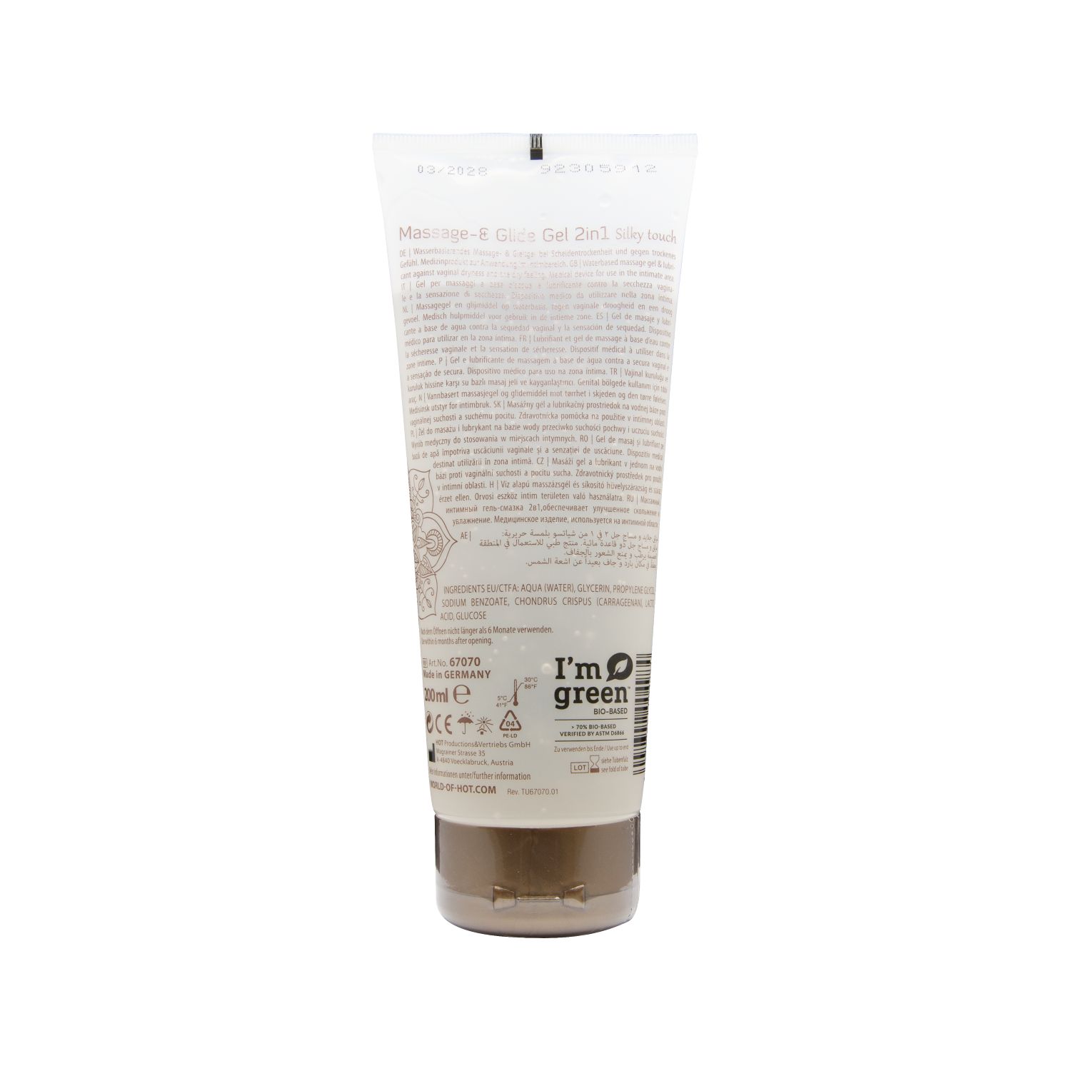 Arrière d'un tube de Gel de massage et de glisse 2 en 1, 200ml. Contient ingrédients et certifications.