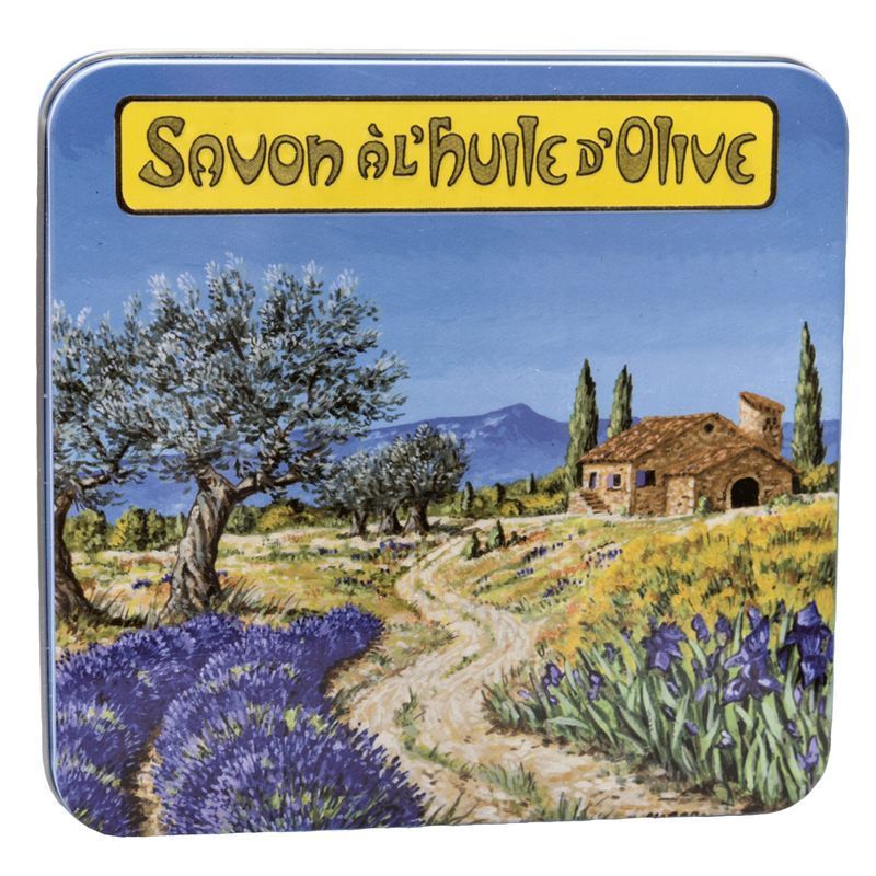 Boîte métallique carrée avec paysage et inscription "Savon à l'Huile d'Olive".