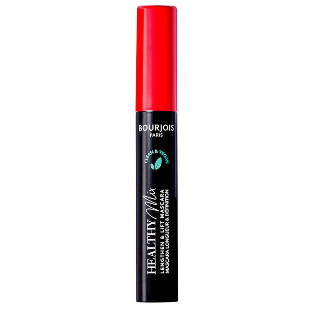 Tube de mascara noir avec bouchon rouge. Inscription : Bourjois Paris, Healthy Mix, Clean & Vegan.